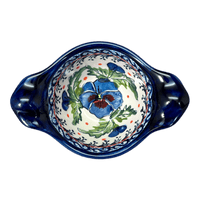 A picture of a Polish Pottery Zaklady Small Bowl W/Handles (Pansies in Bloom) | Y1971A-ART277 as shown at PolishPotteryOutlet.com/products/surprise-bowl-pansies-in-bloom-y1971a-art277