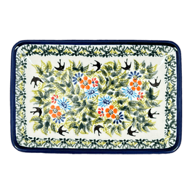 Polish Pottery Zaklady 5" x 7.25" Small Sushi Tray (Floral Swallows) | Y2021-DU182 Additional Image at PolishPotteryOutlet.com