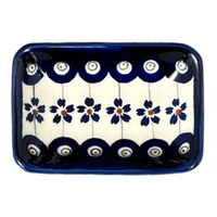 A picture of a Polish Pottery Tiny Rectangular Sauce Dish (Petite Floral Peacock) | Y2024-A166A as shown at PolishPotteryOutlet.com/products/3-75-x-2-75-tiny-rectangular-sauce-dish-floral-peacock-y2024-a166a