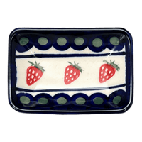 A picture of a Polish Pottery Tiny Rectangular Sauce Dish (Strawberry Dot) | Y2024-A310A as shown at PolishPotteryOutlet.com/products/3-75-x-2-75-tiny-rectangular-sauce-dish-strawberry-dot-y2024-a310a