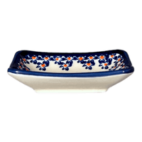 A picture of a Polish Pottery Tiny Rectangular Sauce Dish (Falling Blue Daisies) | Y2024-A882A as shown at PolishPotteryOutlet.com/products/3-75-x-2-75-tiny-rectangular-sauce-dish-falling-blue-daisies-y2024-a882a