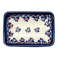 A picture of a Polish Pottery Tiny Rectangular Sauce Dish (Falling Blue Daisies) | Y2024-A882A as shown at PolishPotteryOutlet.com/products/3-75-x-2-75-tiny-rectangular-sauce-dish-falling-blue-daisies-y2024-a882a