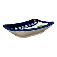 A picture of a Polish Pottery Zaklady Tiny Rectangular Sauce Dish (Evergreen Moose) | Y2024-A992A as shown at PolishPotteryOutlet.com/products/3-75-x-2-75-tiny-rectangular-sauce-dish-evergreen-moose-y2024-a992a