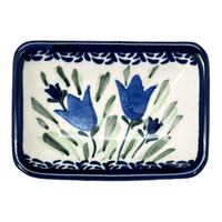 A picture of a Polish Pottery Tiny Rectangular Sauce Dish (Blue Tulips) | Y2024-ART160 as shown at PolishPotteryOutlet.com/products/sauce-dish-blue-tulips-y2024-art160