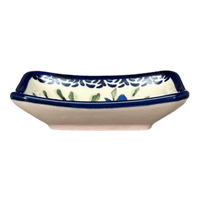 A picture of a Polish Pottery Tiny Rectangular Sauce Dish (Blue Tulips) | Y2024-ART160 as shown at PolishPotteryOutlet.com/products/sauce-dish-blue-tulips-y2024-art160