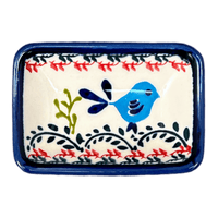 A picture of a Polish Pottery Zaklady Tiny Rectangular Sauce Dish (Circling Bluebirds) | Y2024-ART214 as shown at PolishPotteryOutlet.com/products/sauce-dish-circling-bluebirds-y2024-art214