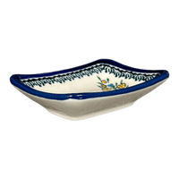 A picture of a Polish Pottery Zaklady Tiny Rectangular Sauce Dish (Floral Crescent) | Y2024-ART237 as shown at PolishPotteryOutlet.com/products/sauce-dish-fields-of-flowers-y2024-art237