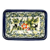 A picture of a Polish Pottery 3.75" x 2.75" Tiny Rectangular Sauce Dish (Floral Swallows) | Y2024-DU182 as shown at PolishPotteryOutlet.com/products/3-75-x-2-75-tiny-rectangular-sauce-dish-floral-swallows-y2024-du182