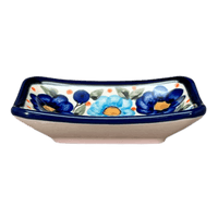 A picture of a Polish Pottery Zaklady Tiny Rectangular Sauce Dish (Garden Party Blues) | Y2024-DU50 as shown at PolishPotteryOutlet.com/products/sauce-dish-garden-party-blues-y2024-du50