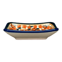 A picture of a Polish Pottery 3.75" x 2.75" Tiny Rectangular Sauce Dish (Orange Wreath) | Y2024-DU52 as shown at PolishPotteryOutlet.com/products/3-75-x-2-75-tiny-rectangular-sauce-dish-orange-wreath-y2024-du52