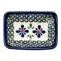 A picture of a Polish Pottery Zaklady Tiny Rectangular Sauce Dish (Emerald Mosaic) | Y2024-DU60 as shown at PolishPotteryOutlet.com/products/3-75-x-2-75-tiny-rectangular-sauce-dish-emerald-mosaic-y2024-du60