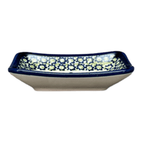 A picture of a Polish Pottery Zaklady Tiny Rectangular Sauce Dish (Emerald Mosaic) | Y2024-DU60 as shown at PolishPotteryOutlet.com/products/3-75-x-2-75-tiny-rectangular-sauce-dish-emerald-mosaic-y2024-du60