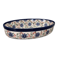 A picture of a Polish Pottery Zaklady 11" x 7.5" Oval Baker (Swirling Flowers) | Y349A-A1197A as shown at PolishPotteryOutlet.com/products/11-oval-baker-swirling-flowers-y349a-a1197a