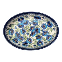 A picture of a Polish Pottery Zaklady 11" x 7.5" Oval Baker (Pansies in Bloom) | Y349A-ART277 as shown at PolishPotteryOutlet.com/products/11-oval-baker-pansies-in-bloom-y349a-art277