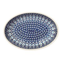 A picture of a Polish Pottery Zaklady 11" x 7.5" Oval Baker (Mosaic Blues) | Y349A-D910 as shown at PolishPotteryOutlet.com/products/11-oval-baker-mosaic-blues-y349a-d910