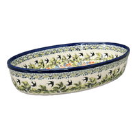 A picture of a Polish Pottery Zaklady 11" x 7.5" Oval Baker (Floral Swallows) | Y349A-DU182 as shown at PolishPotteryOutlet.com/products/11-x-7-5-oval-baker-floral-swallows-y349a-du182