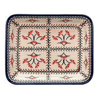 A picture of a Polish Pottery Zaklady 9" x 11.75" Rectangular Baker (Scarlet Stitch) | Y371A-A1158A as shown at PolishPotteryOutlet.com/products/zaklady-rectangular-baker-scarlet-stitch-y371a-a1158a