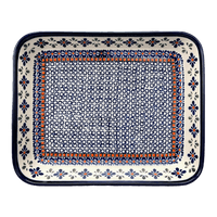 A picture of a Polish Pottery Zaklady 9" x 11.75" Rectangular Baker (Blue Mosaic Flower) | Y371A-A221A as shown at PolishPotteryOutlet.com/products/zaklady-rectangular-baker-blue-mosaic-flower-y371a-a221a