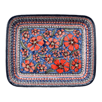 A picture of a Polish Pottery Zaklady 9" x 11.75" Rectangular Baker (Exotic Reds) | Y371A-ART150 as shown at PolishPotteryOutlet.com/products/zaklady-rectangular-baker-exotic-reds-y371a-art150