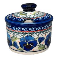 A picture of a Polish Pottery Zaklady 4" Sugar Bowl (Pansies in Bloom) | Y698-ART277 as shown at PolishPotteryOutlet.com/products/4-sugar-bowl-pansies-in-bloom-y698-art277