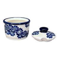 A picture of a Polish Pottery Zaklady 4" Sugar Bowl (Blue Floral Vines) | Y698-D1210A as shown at PolishPotteryOutlet.com/products/sugar-bowl-blue-floral-vines-y698-d1210a