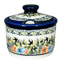 A picture of a Polish Pottery Zaklady 4" Sugar Bowl (Floral Swallows) | Y698-DU182 as shown at PolishPotteryOutlet.com/products/4-sugar-bowl-floral-swallows-y698-du182