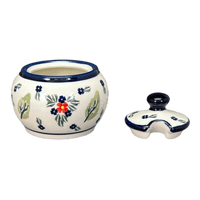A picture of a Polish Pottery Zaklady Small Bubble Sugar Bowl (Mountain Flower) | Y729-A1109A as shown at PolishPotteryOutlet.com/products/small-bubble-sugar-bowl-mistletoe-y729-a1109a