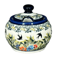 A picture of a Polish Pottery Zaklady Small Bubble Sugar Bowl (Floral Swallows) | Y729-DU182 as shown at PolishPotteryOutlet.com/products/small-bubble-sugar-bowl-floral-swallows-y729-du182