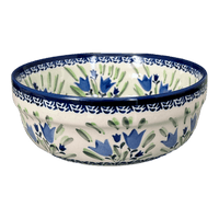 A picture of a Polish Pottery Zaklady 8" Magnolia Bowl (Blue Tulips) | Y835A-ART160 as shown at PolishPotteryOutlet.com/products/8-magnolia-bowl-blue-tulips-y835a-art160