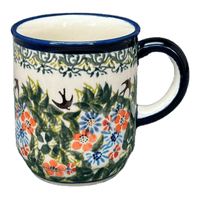 A picture of a Polish Pottery Zaklady 8 oz. Traditional Mug (Floral Swallows) | Y903-DU182 as shown at PolishPotteryOutlet.com/products/8-oz-traditional-mug-floral-swallows-y903-du182