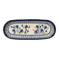 A picture of a Polish Pottery Zaklady 11" x 4.5" Oval Serving Dish (Blue Tulips) | Y928A-ART160 as shown at PolishPotteryOutlet.com/products/small-tray-blue-tulips-y928a-art160