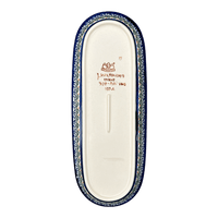 A picture of a Polish Pottery Zaklady 11" x 4.5" Oval Serving Dish (Blue Tulips) | Y928A-ART160 as shown at PolishPotteryOutlet.com/products/small-tray-blue-tulips-y928a-art160