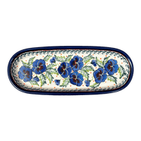 A picture of a Polish Pottery Zaklady 11" x 4.5" Oval Serving Dish (Pansies in Bloom) | Y928A-ART277 as shown at PolishPotteryOutlet.com/products/small-tray-pansies-in-bloom-y928a-art277