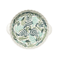 A picture of a Polish Pottery Pie Plate with Handles (Scattered Ferns) | Z148S-GZ39 as shown at PolishPotteryOutlet.com/products/pie-plate-with-handles-scattered-ferns-z148s-gz39