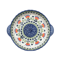 A picture of a Polish Pottery Pie Plate with Handles (Floral Fans) | Z148S-P314 as shown at PolishPotteryOutlet.com/products/9-75-pie-plate-with-handles-floral-fans-z148s-p314