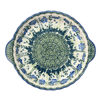 A picture of a Polish Pottery Pie Plate with Handles (Bouncing Blue Blossoms) | Z148U-IM03 as shown at PolishPotteryOutlet.com/products/pie-plate-with-handles-bouncing-blue-blossoms-z148u-im03