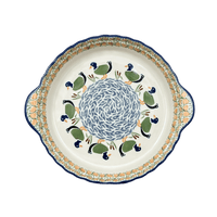 A picture of a Polish Pottery Pie Plate with Handles (Ducks in a Row) | Z148U-P323 as shown at PolishPotteryOutlet.com/products/9-75-pie-plate-with-handles-ducks-in-a-row-z148u-p323
