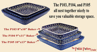 A picture of a Polish Pottery 9"x11" Rectangular Baker (Eyes Wide Open) | P104T-58 as shown at PolishPotteryOutlet.com/products/9x11-rectangular-baker-eyes-wide-open-p104t-58