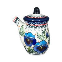 A picture of a Polish Pottery Zaklady Soy Sauce Pitcher (Pansies in Bloom) | Y1947-ART277 as shown at PolishPotteryOutlet.com/products/soy-sauce-pitcher-pansies-in-bloom-y1947-art277