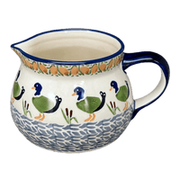 A picture of a Polish Pottery 1 Liter Pitcher (Ducks in a Row) |  D044U-P323 as shown at PolishPotteryOutlet.com/products/1-liter-wide-mouth-pitcher-ducks-in-a-row-d044u-p323