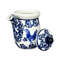A picture of a Polish Pottery Zaklady Soy Sauce Pitcher (Rooster Blues) | Y1947-D1149 as shown at PolishPotteryOutlet.com/products/soy-sauce-pitcher-rooster-blues-y1947-d1149