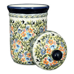 Polish Pottery Zaklady 1 Liter Container (Floral Swallows) | Y1243-DU182 Additional Image at PolishPotteryOutlet.com