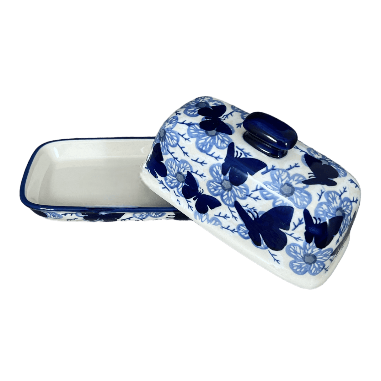 Butter Dish, American, 4" x 7.5" in "Blue Butterfly" by Manufaktura | M074U-AS58
