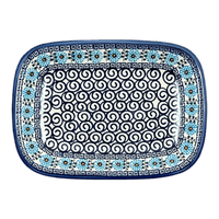 A picture of a Polish Pottery 8" x 11" Serving Tray (Blue Daisy Spiral) | NDA154-38 as shown at PolishPotteryOutlet.com/products/8-x-11-serving-tray-blue-daisy-spiral-nda154-38
