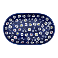 A picture of a Polish Pottery 7"x11" Oval Roaster (Midnight Daisies) | P099S-S002 as shown at PolishPotteryOutlet.com/products/7x11-oval-roaster-midnight-daisies-p099s-s002