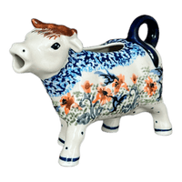 A picture of a Polish Pottery Cow Creamer (Hummingbird Harvest) | D081S-JZ35 as shown at PolishPotteryOutlet.com/products/cow-creamer-hummingbird-harvest-d081s-jz35