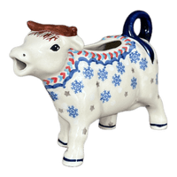 A picture of a Polish Pottery Cow Creamer (Snowflake Love) | D081U-PS01 as shown at PolishPotteryOutlet.com/products/cow-creamer-snowflake-love-d081u-ps01