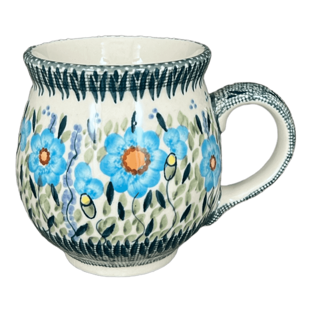 Mug, Belly Mug, 16 oz Large in "Baby Blue Blossoms" by Manufaktura | K068S-JS49