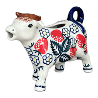 A picture of a Polish Pottery Cow Creamer (Strawberry Fields) | D081U-AS59 as shown at PolishPotteryOutlet.com/products/cow-creamer-strawberry-fields-d081u-as59