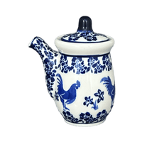 A picture of a Polish Pottery Zaklady Soy Sauce Pitcher (Rooster Blues) | Y1947-D1149 as shown at PolishPotteryOutlet.com/products/soy-sauce-pitcher-rooster-blues-y1947-d1149